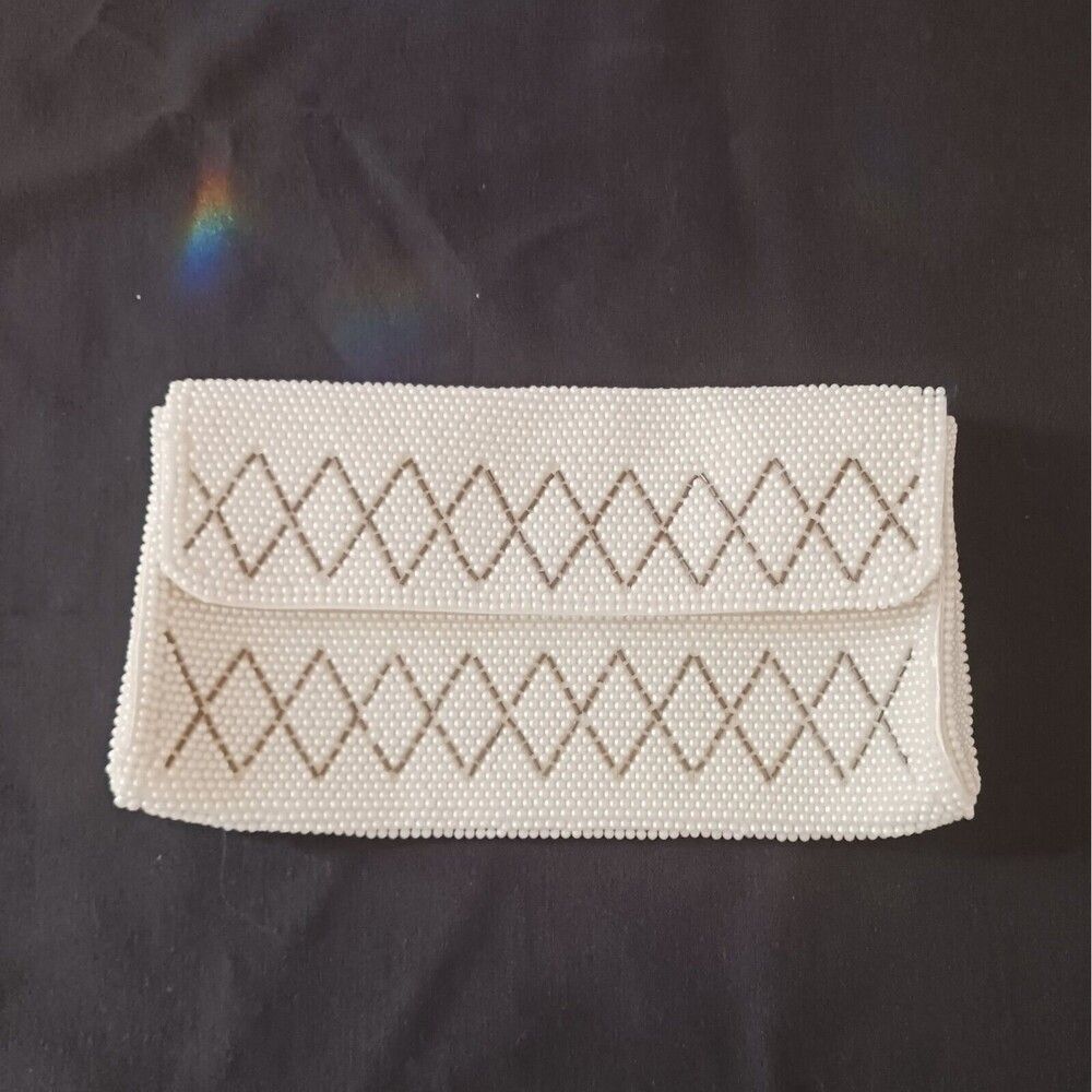 Hand Beaded Faux Pearl Clutch by Emson Small Pouch Purse Japan Creamy Off White